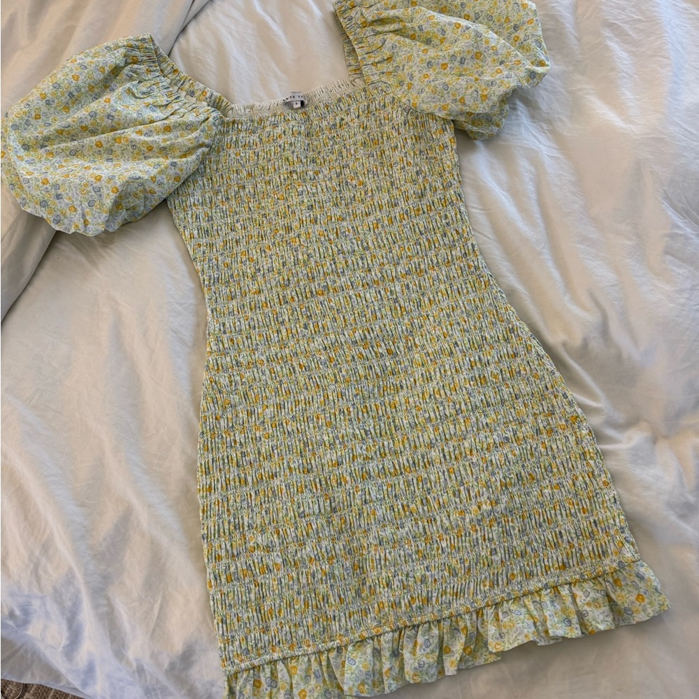English Factory smocked dress with puff sleeves